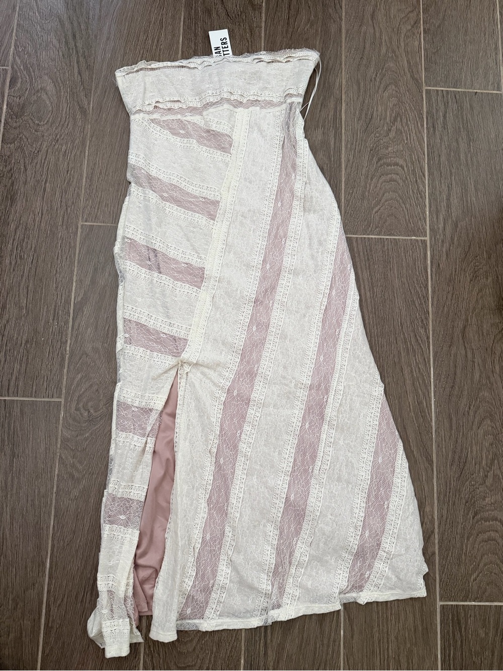 Urban Outfitters Strapless Cream and Dusty Pink Lace-Striped Maxi Dress